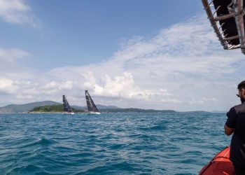 Phuket King’s Cup, Day 5. The wind has arrived at last. Not huge, but plenty enough for a couple of short races round the cans and a trip round the bushes.